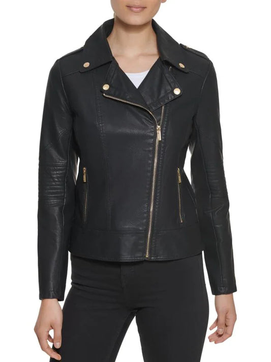 GUESS Faux Leather Asymmetrical Moto Jacket In Black size Large