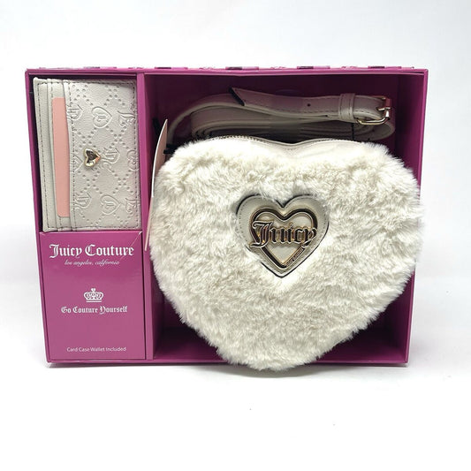 JUICY COUTURE Heart Faux Fur Crossbody Bag Angel Ivory Card Case Gift Set