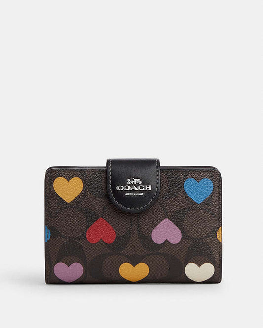 Coach Medium Corner Zip Wallet In Signature Canvas With Heart Print