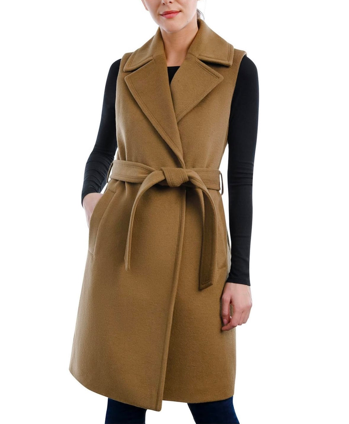 Sleeveless Belted Wool Blend Wrap Coat Michael Kors