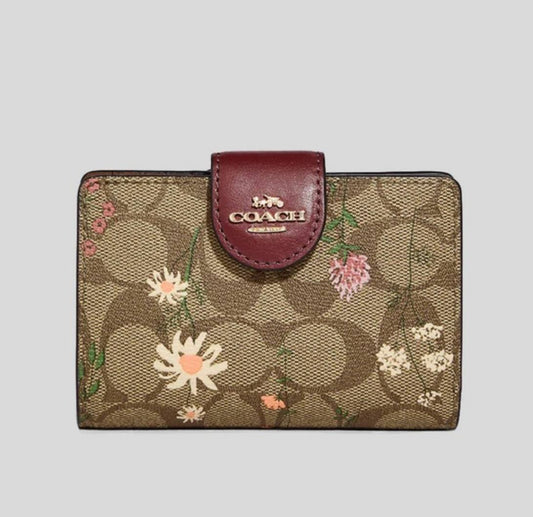 Coach Medium Corner Zip Wallet In Signature Canvas With wild flowers