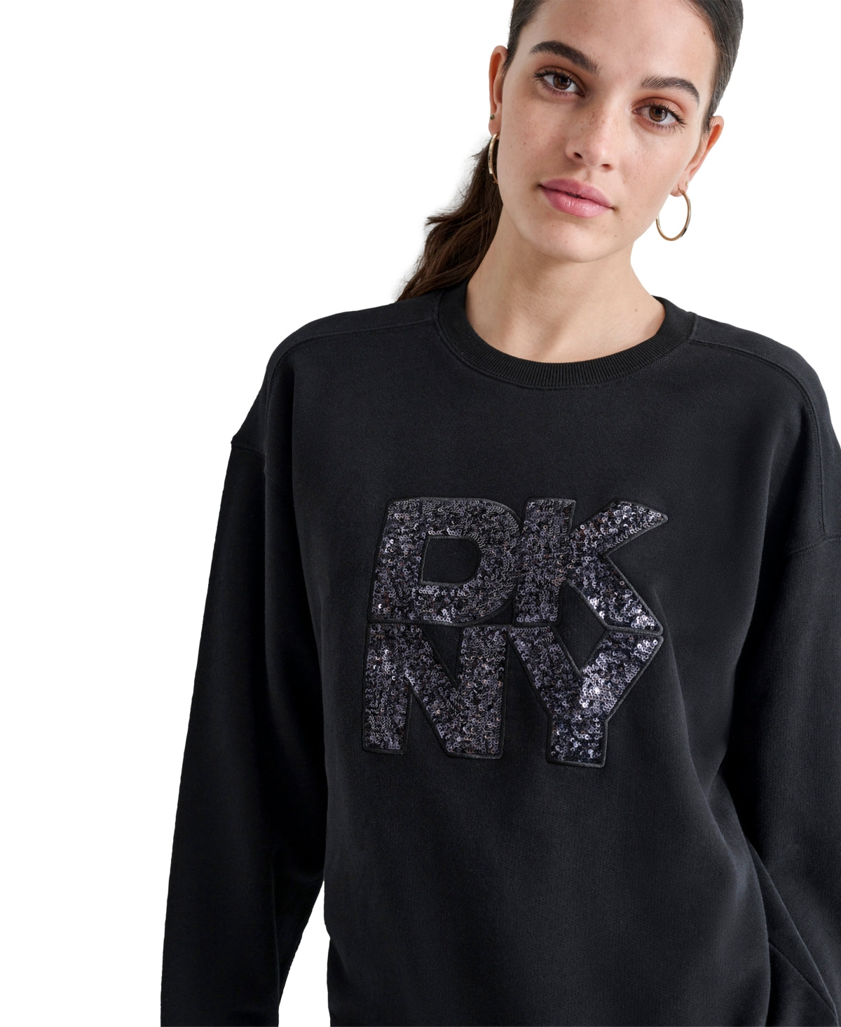 DKNY JEANS
Women's Sequin Applique Satin Stitch Stack Logo Cotton Sweatshirt In Black size M