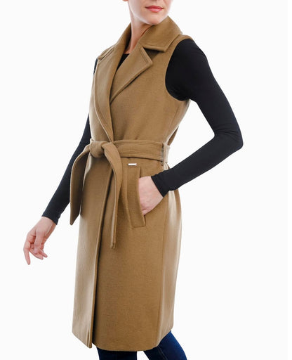 Sleeveless Belted Wool Blend Wrap Coat Michael Kors