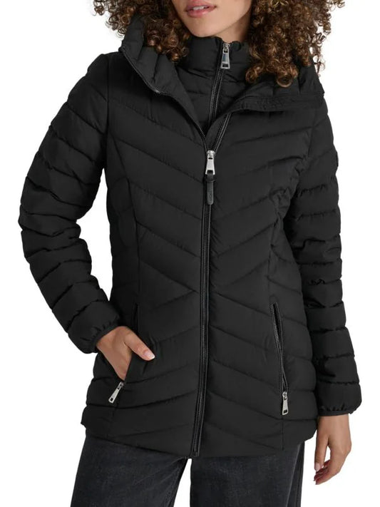 DKNY Missy Chevron Quilted Bib-Front Puffer Jacket Loden Black XL