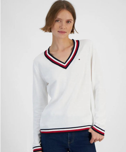 Tommy Hilfiger Women's Contrast-Trim V-Neck Sweater white L (Copy)